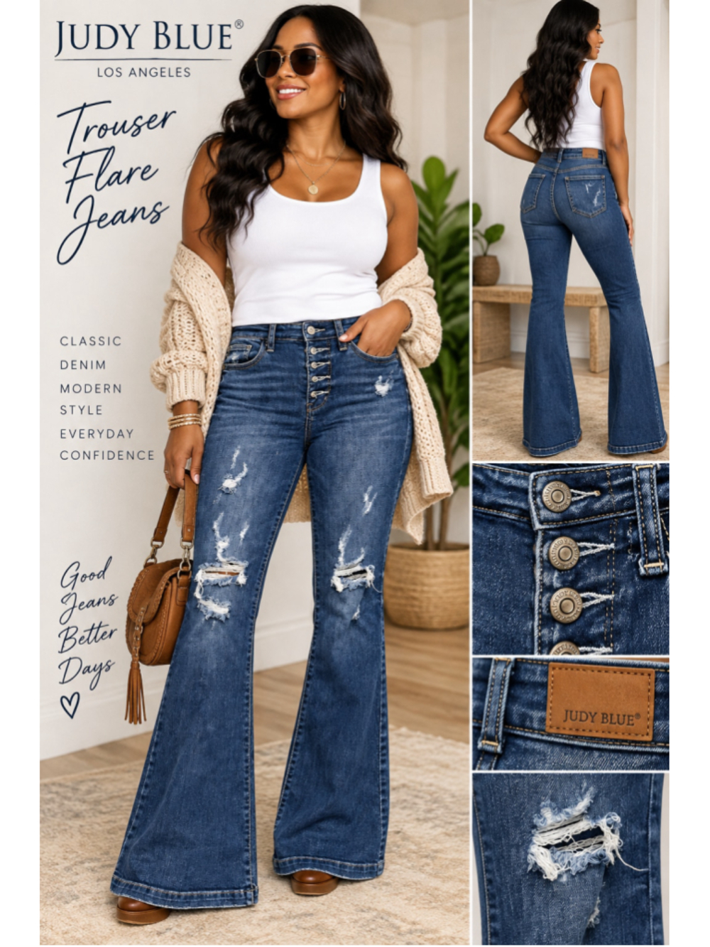 Judy Blue Trouser Flare Jeans 1/25 Distressed Button Fly Dark Wash High Rise